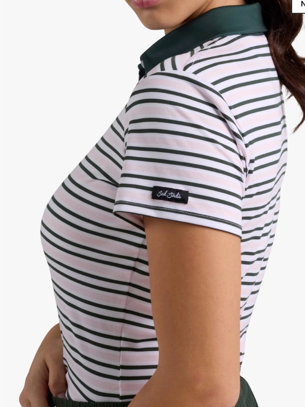 Bad Birdie  Polo Top with Dark Green/Pink Stripes NWT - Picture 8 of 9